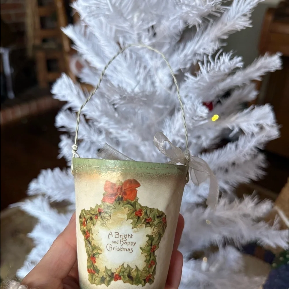 Vintage 1994 Gold Glitter Peacock Bird & Wreath Bucket Ornament - Holiday Decor
